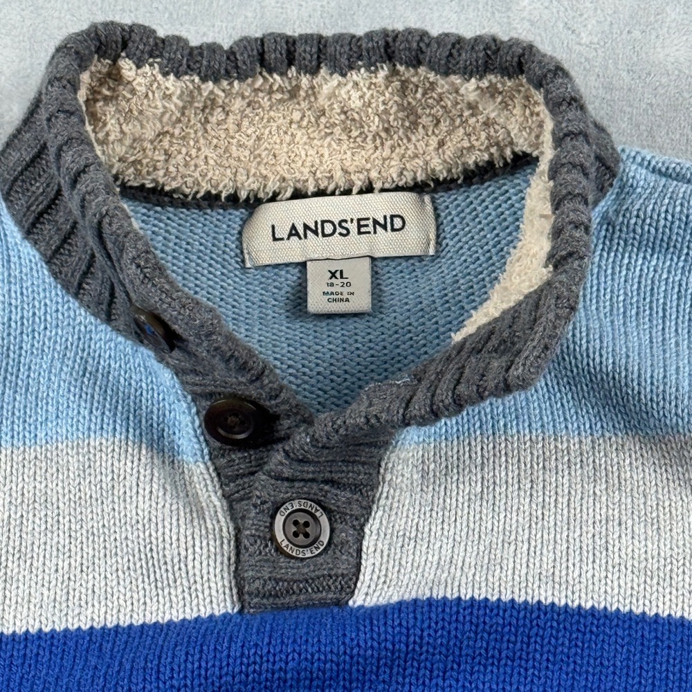 Lands End Boys Blue White Knit Sweater Sherpa Lined Collar Button Neck XL 18-20 - Picture 12 of 14